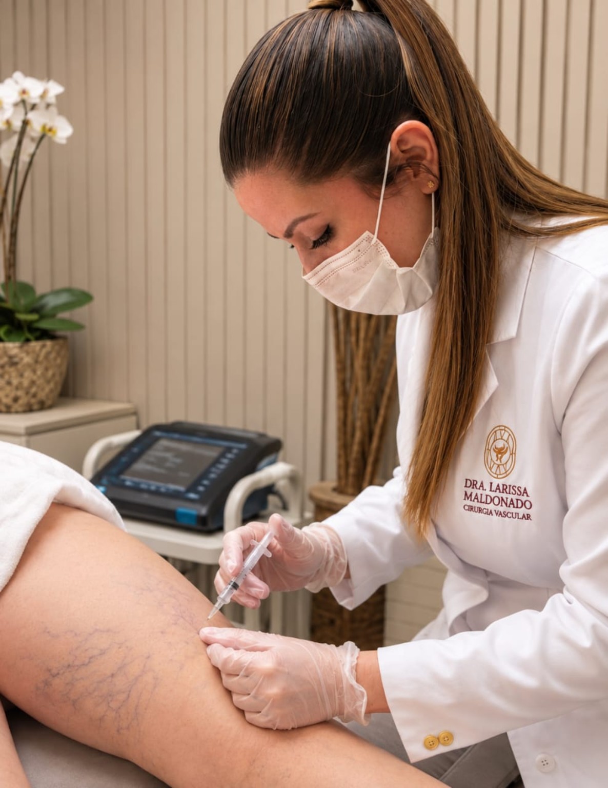 Dra. Larissa Maldonado realizando tratamento de escleroterapia